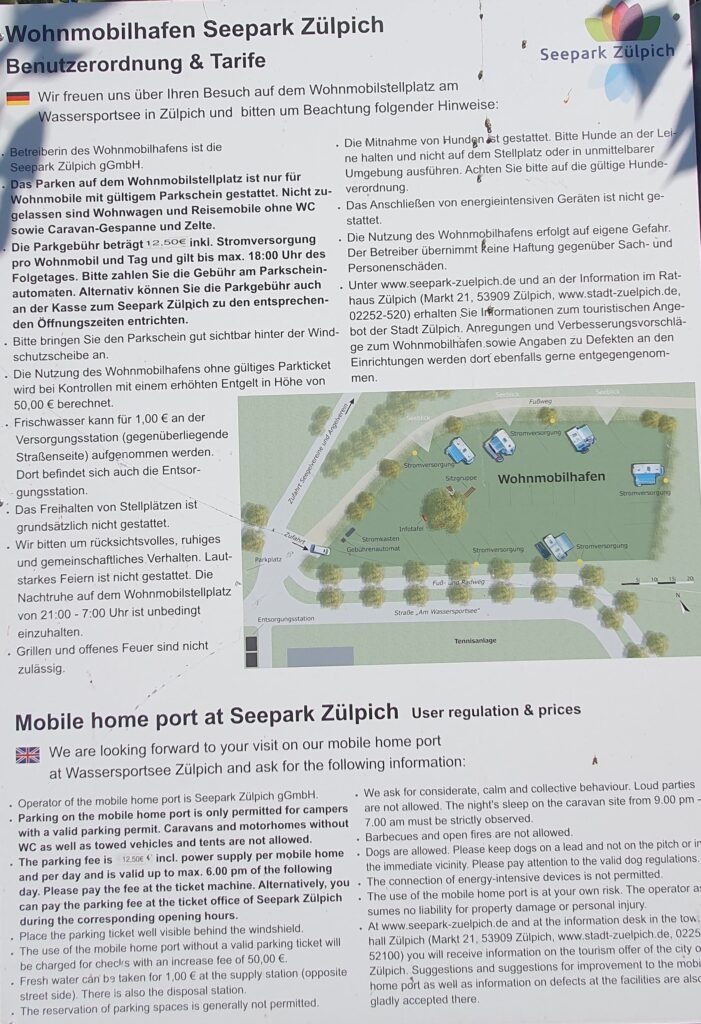 Wohnmobilhafen Seepark Zülpich Benutzerinfos und Tarife Kosten